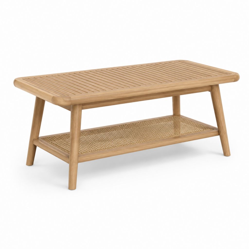 Tavolino da caffè rettangolare naturale in teak massello e rattan 100 x 50 x 45 cm
