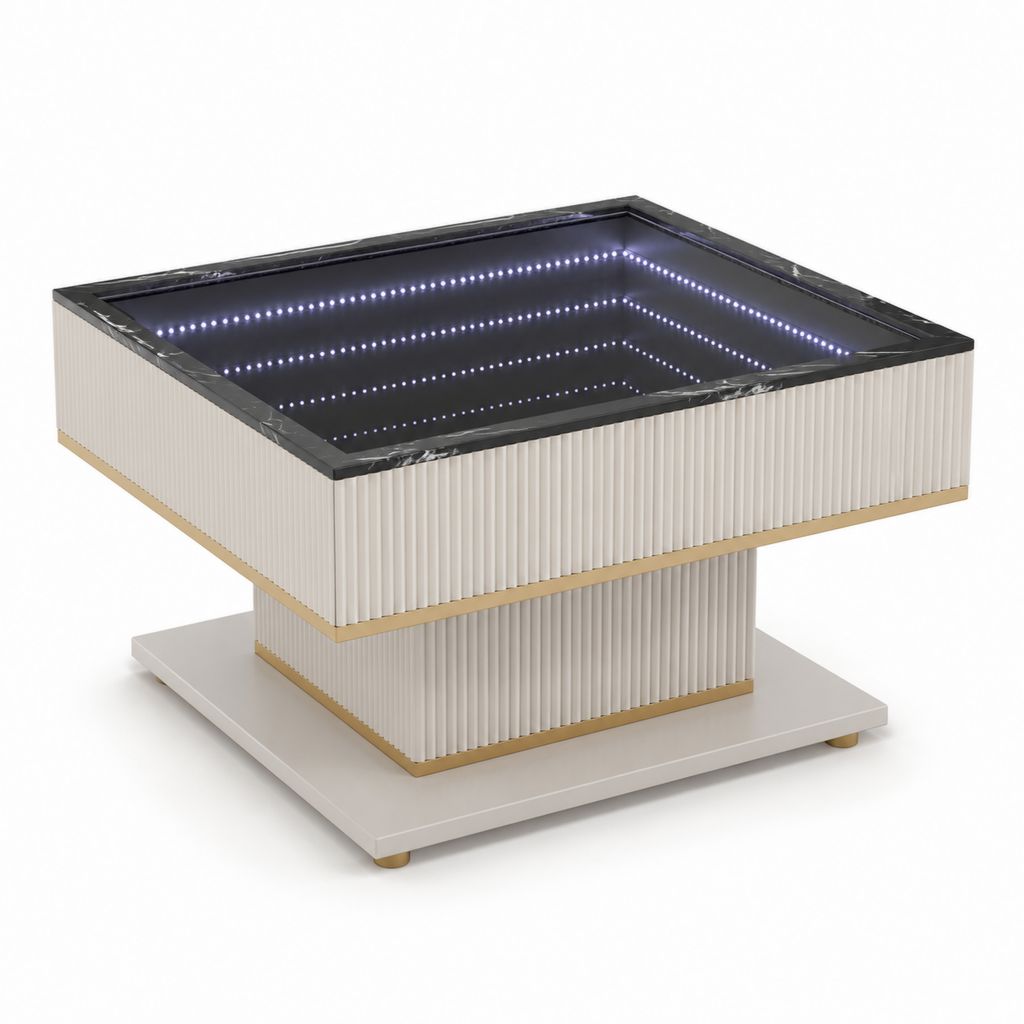 Tavolino da caffè quadrato bianco in MDF e vetro con LED 80 x 80 x 45 cm