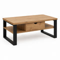 Tavolino da caffè rettangolare rovere e nero in pannello truciolare e acciaio 100 x 60 x 45 cm con cassetto e ripiano