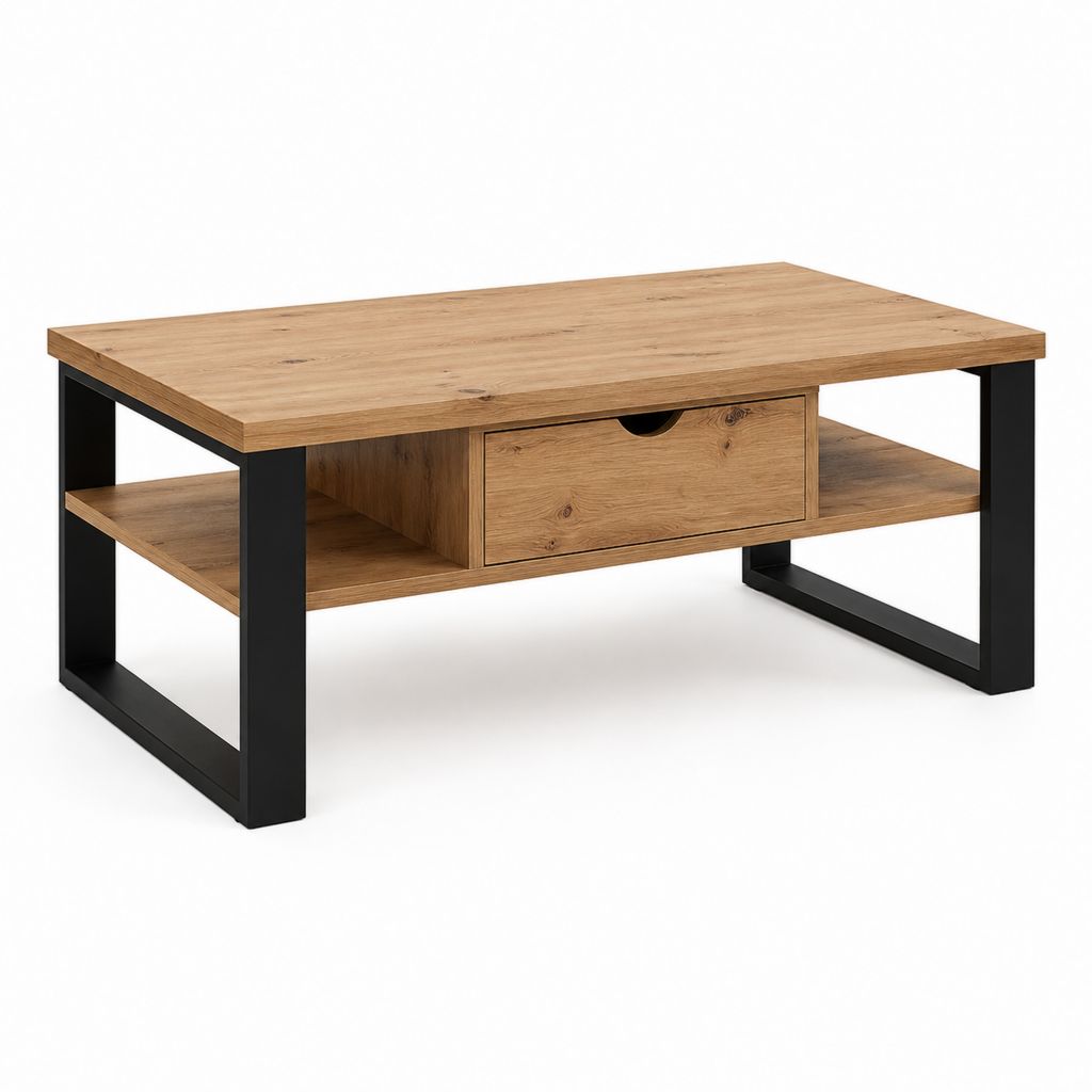 Tavolino da caffè rettangolare rovere e nero in pannello truciolare e acciaio 100 x 60 x 45 cm con cassetto e ripiano