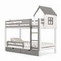 Letto a castello per bambini con casetta bianco e grigio in legno massello di pino 90 x 200 cm