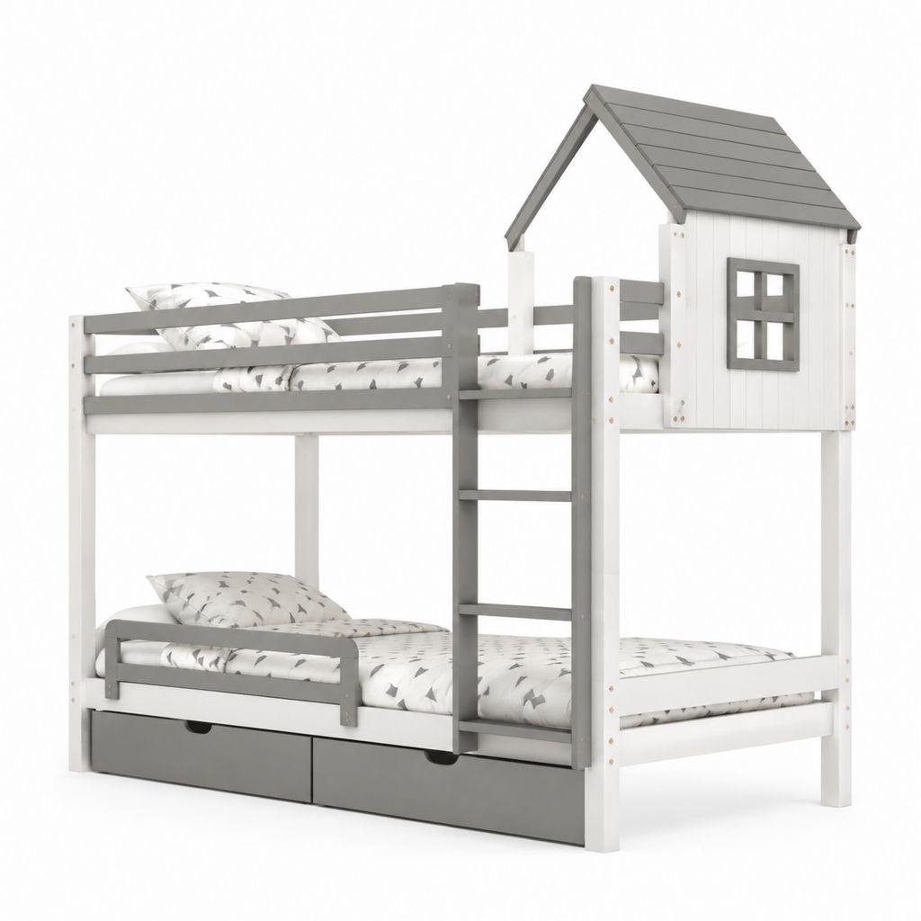 Letto a castello per bambini con casetta bianco e grigio in legno massello di pino 90 x 200 cm