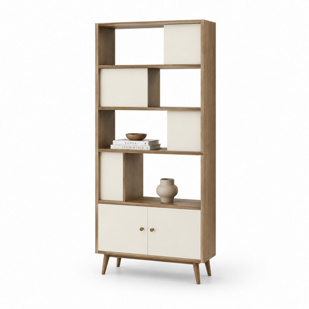 Libreria alta con ante bianco e rovere in MDF 80 x 30 x 180 cm