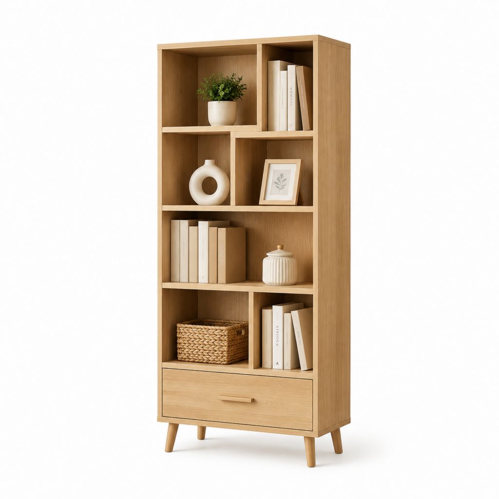 Libreria da soggiorno a 8 vani con cassetto rovere chiaro in pannello truciolare 80 x 35 x 180 cm
