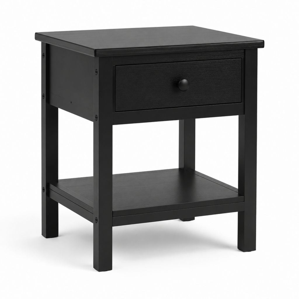 Comodino tavolino laterale nero in legno massello e MDF rettangolare con cassetto e ripiano 45 x 40 x 60 cm