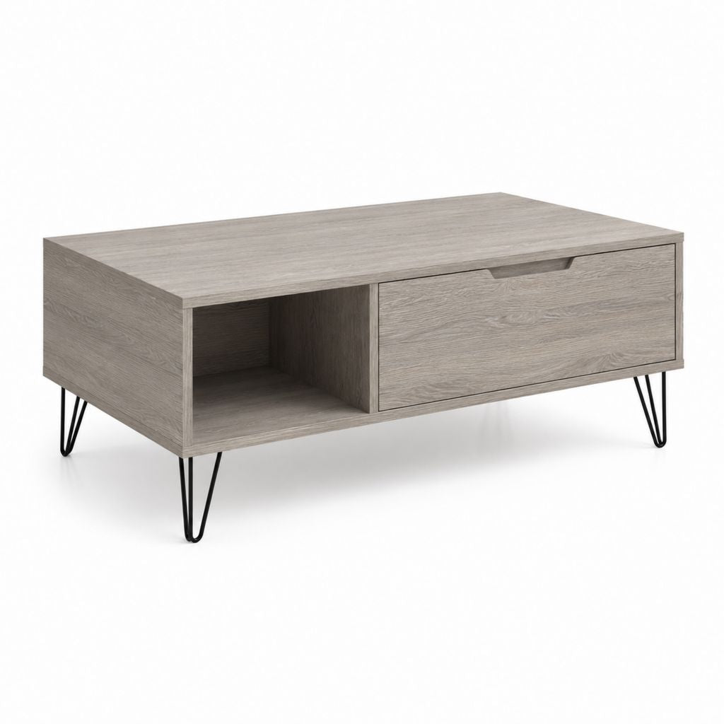 Tavolino da caffè rettangolare grigio rovere in MDF 100 x 60 x 40 cm con cassetto e vano aperto