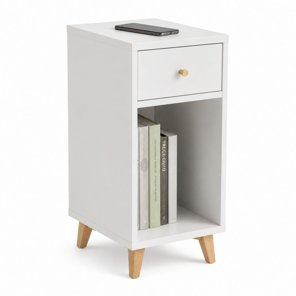 Comodino bianco in MDF con cassetto e vano aperto 40 x 35 x 60 cm
