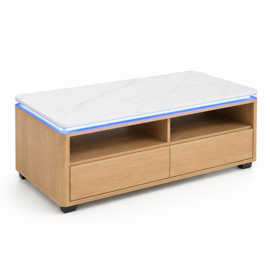 Tavolino da caffè rettangolare rovere chiaro con piano effetto marmo LED 120 x 60 x 45 cm