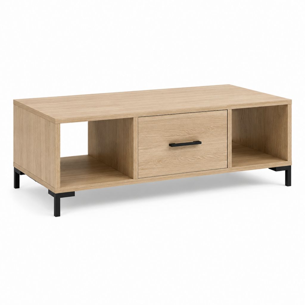 Tavolino da caffè rettangolare rovere chiaro in pannello truciolare 110 x 60 x 45 cm con cassetto e vani
