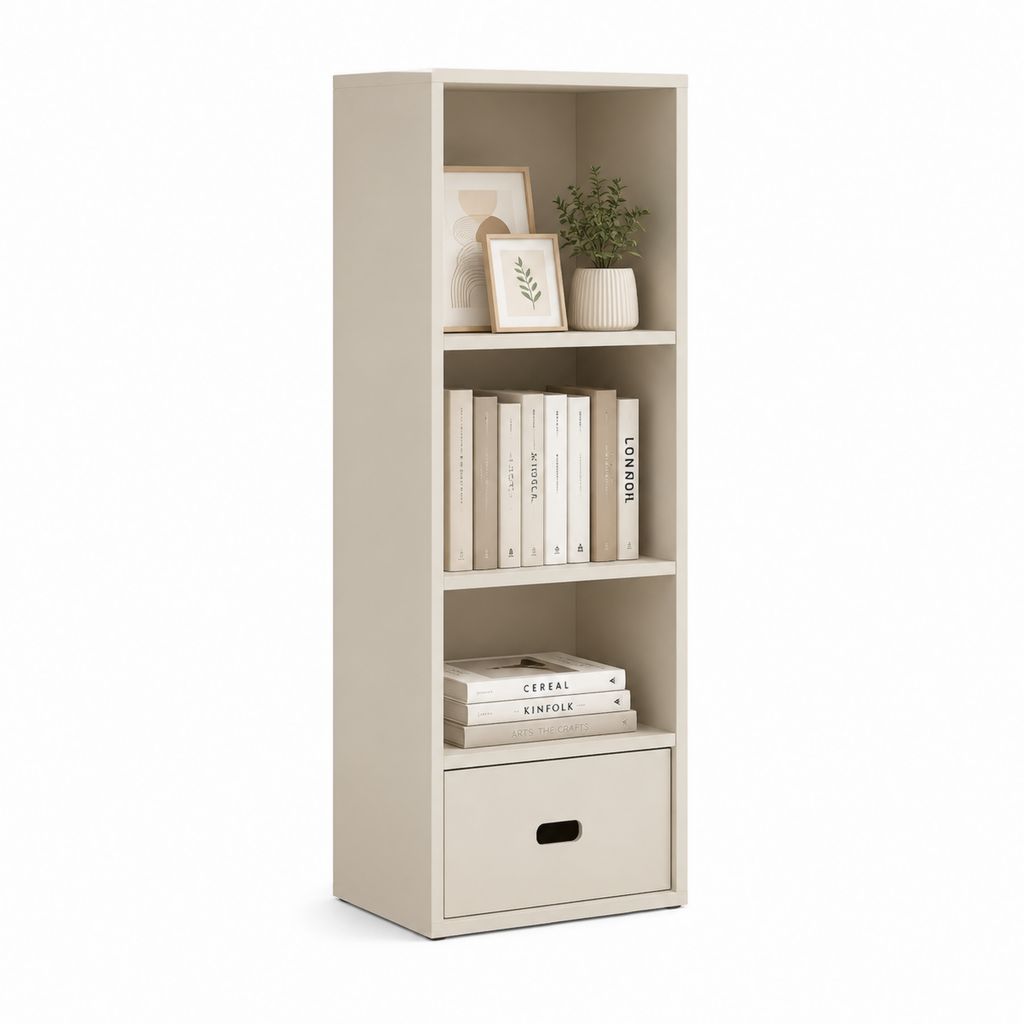 Libreria a colonna beige in pannello truciolare melaminico con 3 ripiani e cassetto 60 x 30 x 180 cm