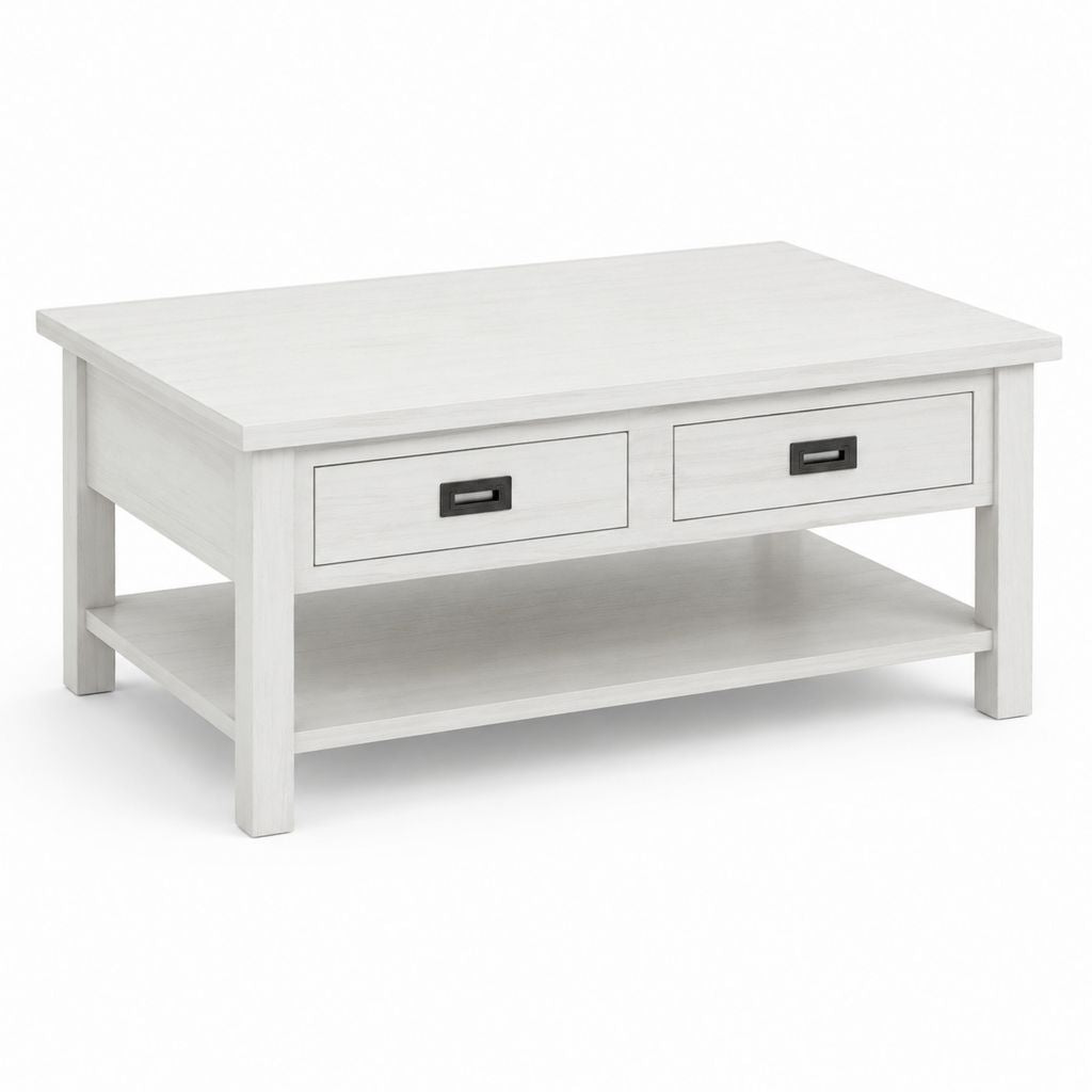 Tavolino da caffè con 2 cassetti bianco in pino massello rettangolare 110 x 60 x 45 cm