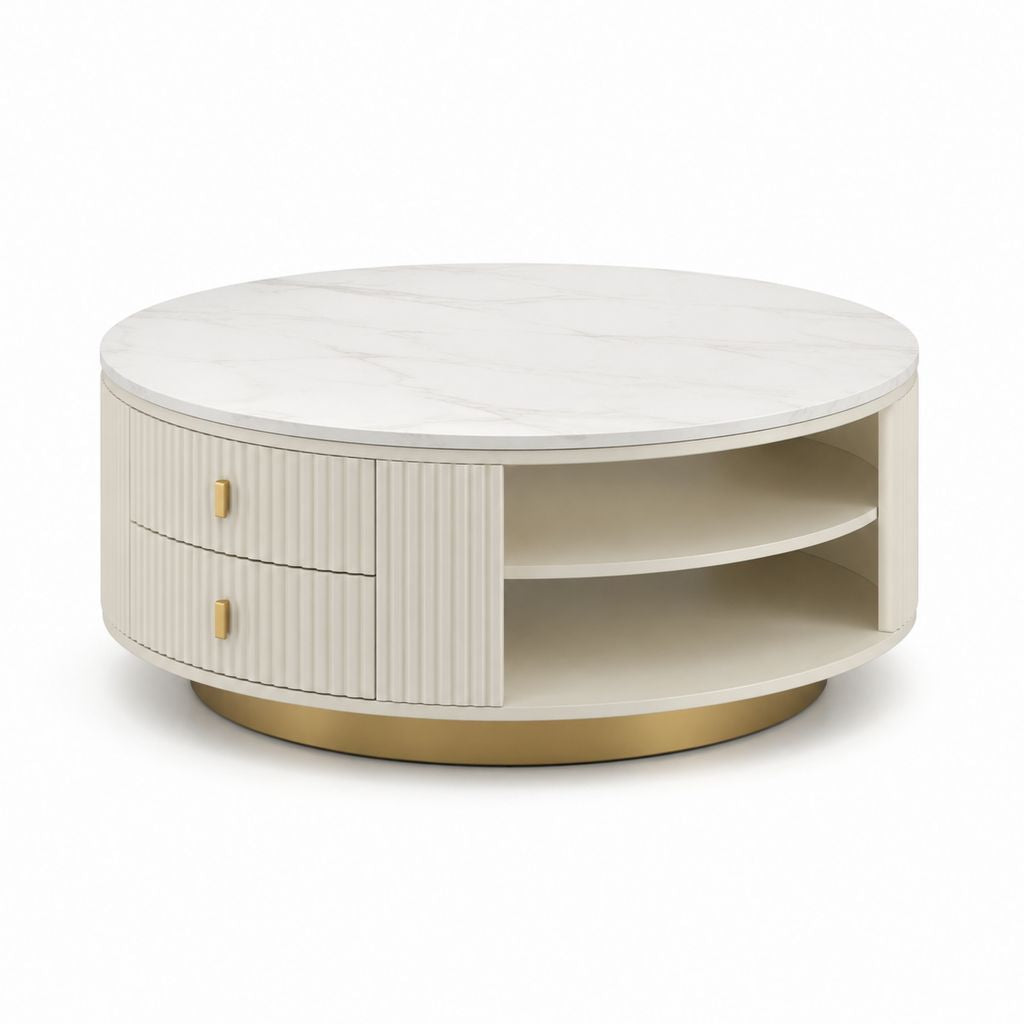 Tavolino da caffè rotondo bianco effetto marmo in MDF Ø80 x 40 cm con 2 cassetti e vano contenitore