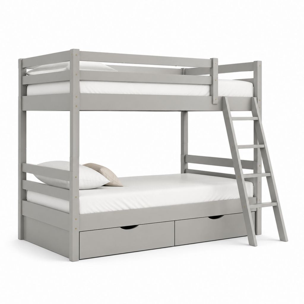 Letto a castello per bambini grigio in legno massello di pino con 2 cassetti 90 x 190 cm