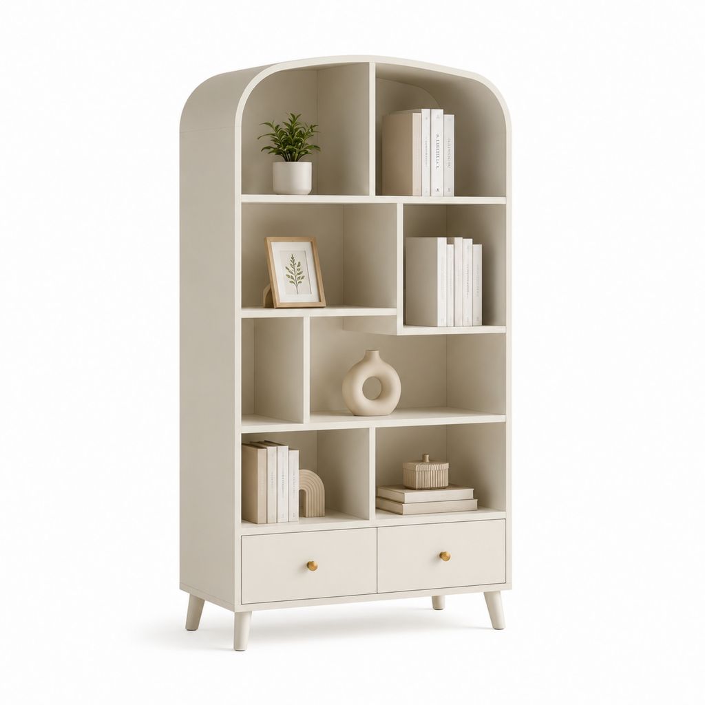 Libreria da soggiorno con 2 cassetti bianco avorio in MDF ad arco 90 x 35 x 180 cm