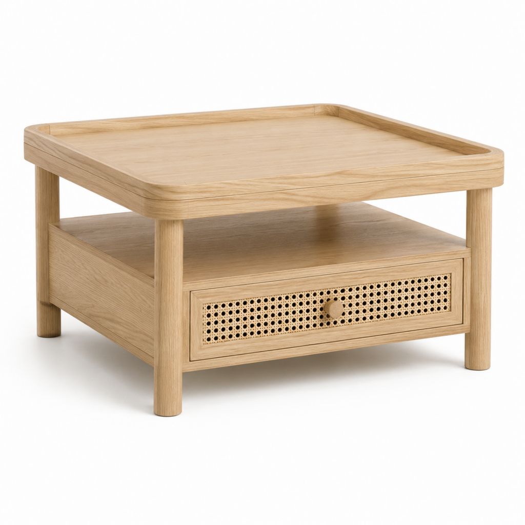 Tavolino da caffè quadrato rovere e rattan con cassetto 80 x 80 x 45 cm