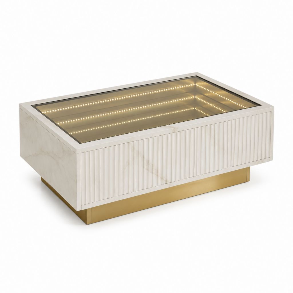 Tavolino da caffè rettangolare con LED bianco effetto marmo vetro fumé e base dorata 120 x 60 x 45 cm