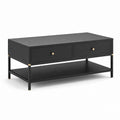 Tavolino da caffè rettangolare nero in MDF e acciaio con 2 cassetti 110 x 60 x 45 cm