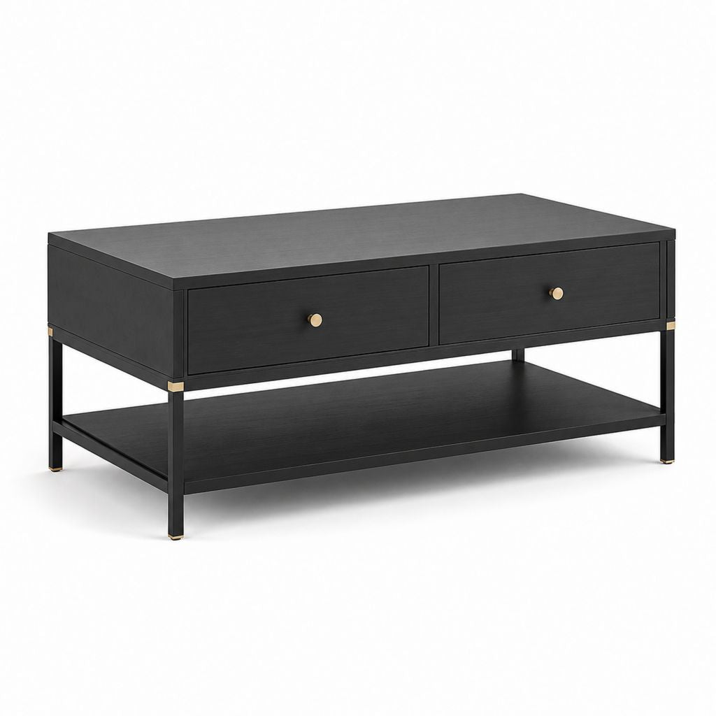 Tavolino da caffè rettangolare nero in MDF e acciaio con 2 cassetti 110 x 60 x 45 cm