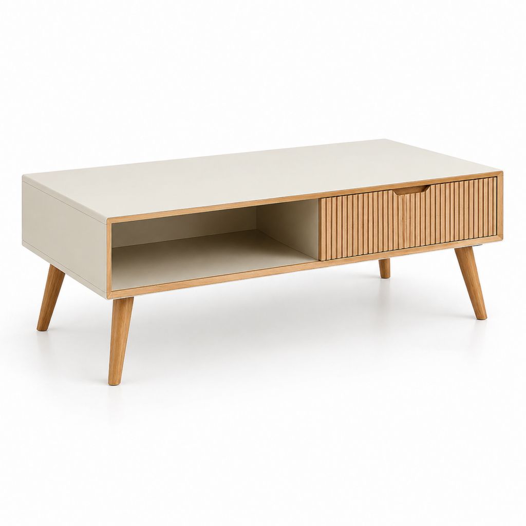 Tavolino da caffè rettangolare beige e rovere con vano a giorno e anta scorrevole 120 x 60 x 45 cm