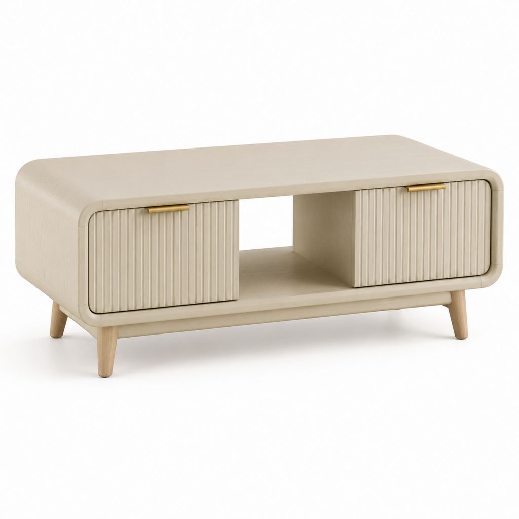 Tavolino da caffè rettangolare beige in MDF impiallacciato rovere con 2 ante scorrevoli 100 x 60 x 45 cm