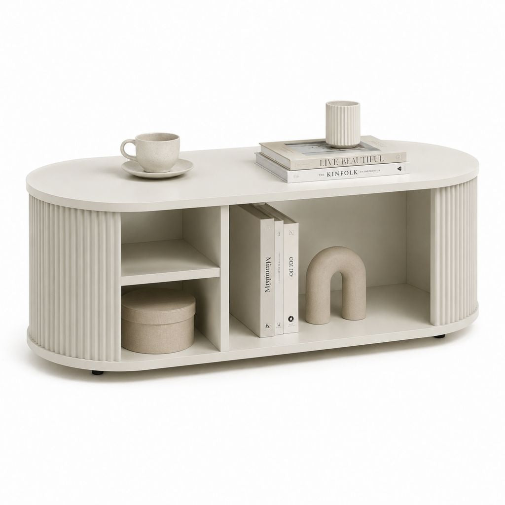 Tavolino da caffè ovale bianco in MDF con ripiani aperti 120 x 60 x 45 cm