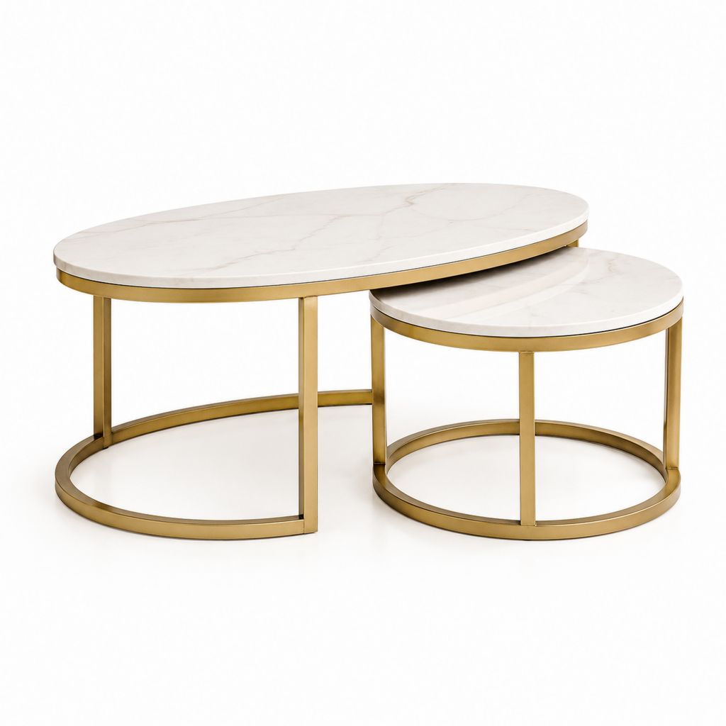 Set 2 tavolini da caffè bianchi e oro in ceramica effetto marmo ovali e rotondi 100 x 60 x 45 cm e Ø 70 x 38 cm